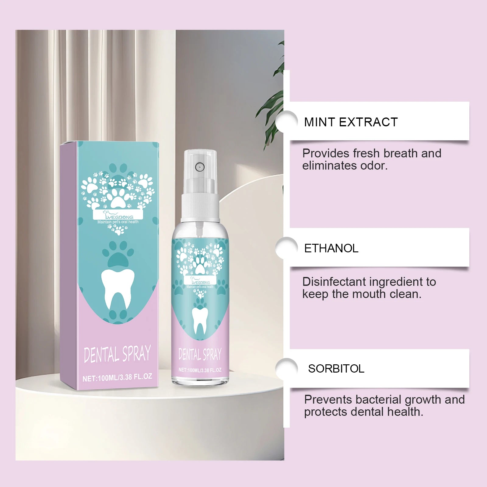 Hypoallergenic Dental Care Spray for Dogs & Cats — No-Brush, 12-Hour Fresh Breath