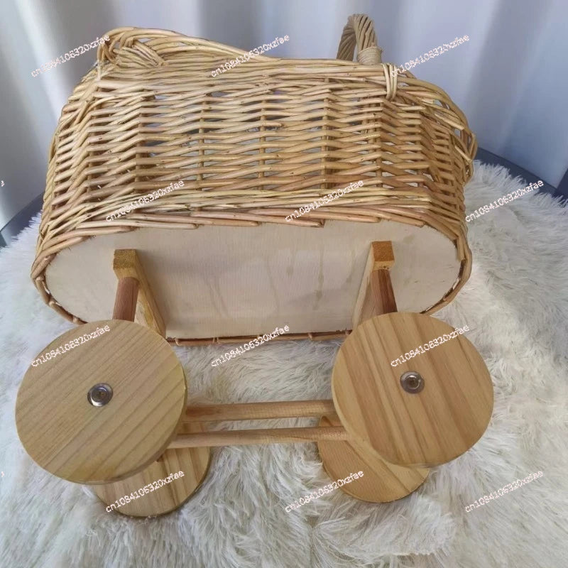 Handwoven Wicker Pet & Infant Bassinet Stroller with Storage Basket