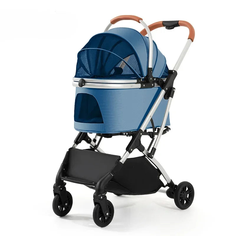 Multi-Ventilated High-View Pet Stroller with Detachable Basket & Car Travel Bag