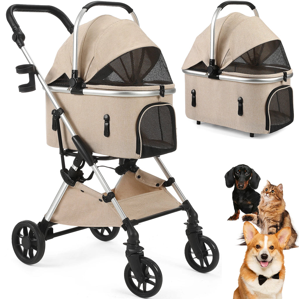 4-Wheel Pet Stroller with Detachable Carrier (Foldable, 50 lbs)