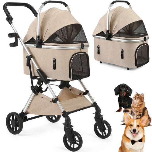 4-Wheel Pet Stroller with Detachable Carrier (Foldable, 50 lbs)