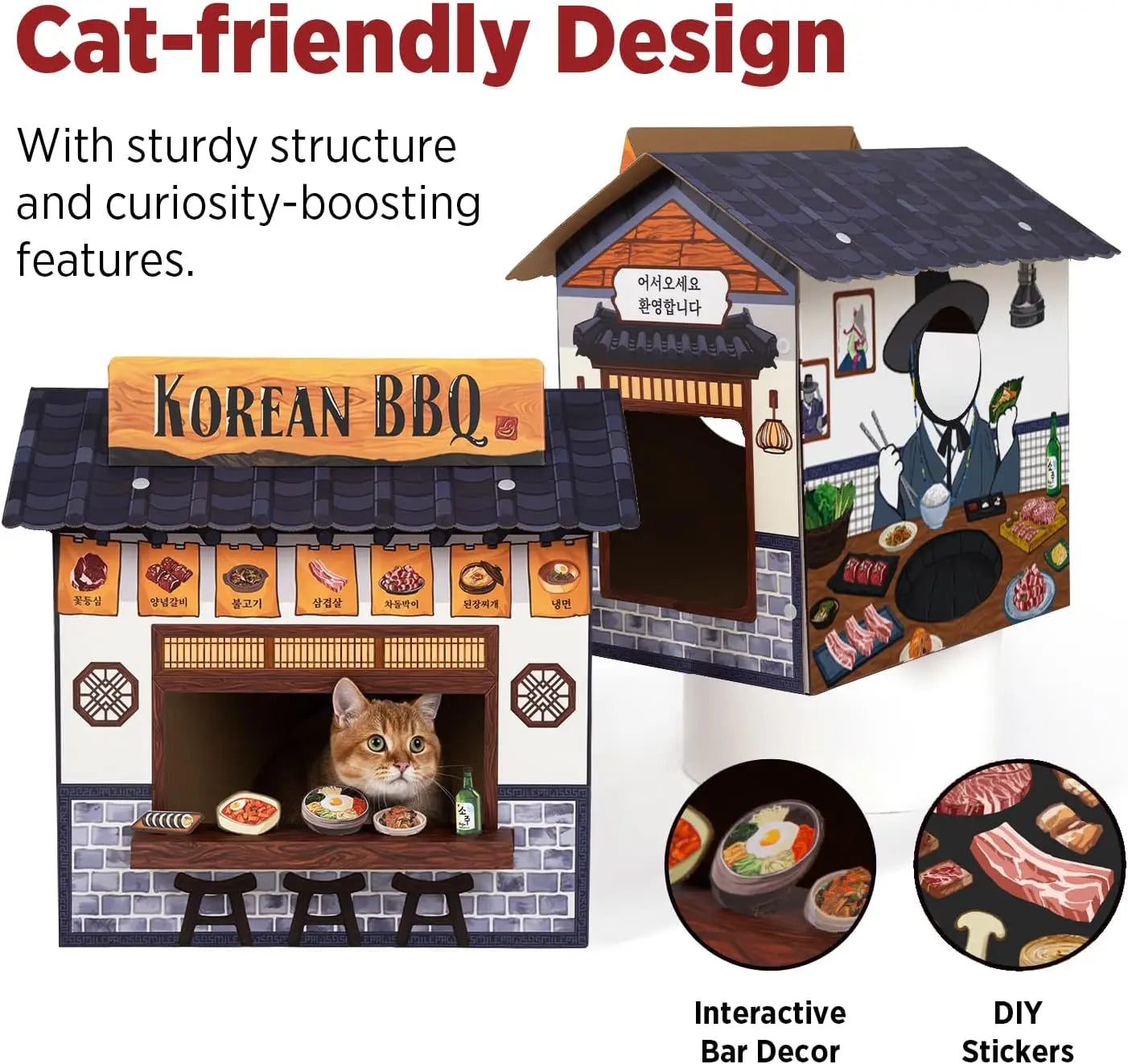 Large Cardboard Cat Cave House with Scratcher, Korean BBQ Design