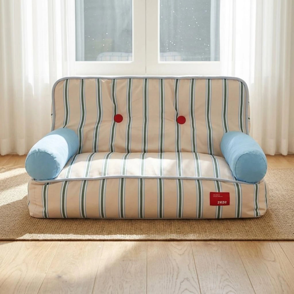 Striped Light Blue Padded Pet Sofa Bed