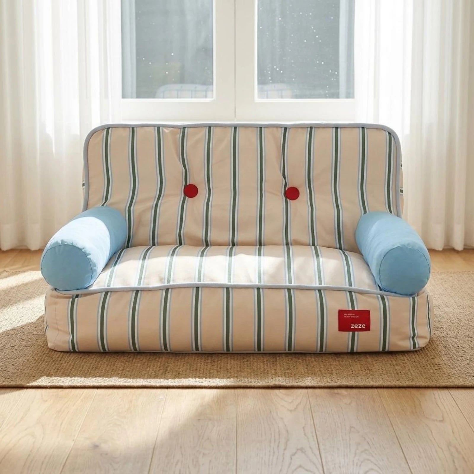 Striped Light Blue Padded Pet Sofa Bed