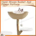 Modern Wood Cat Tree with Wicker Condo & Scratching Post