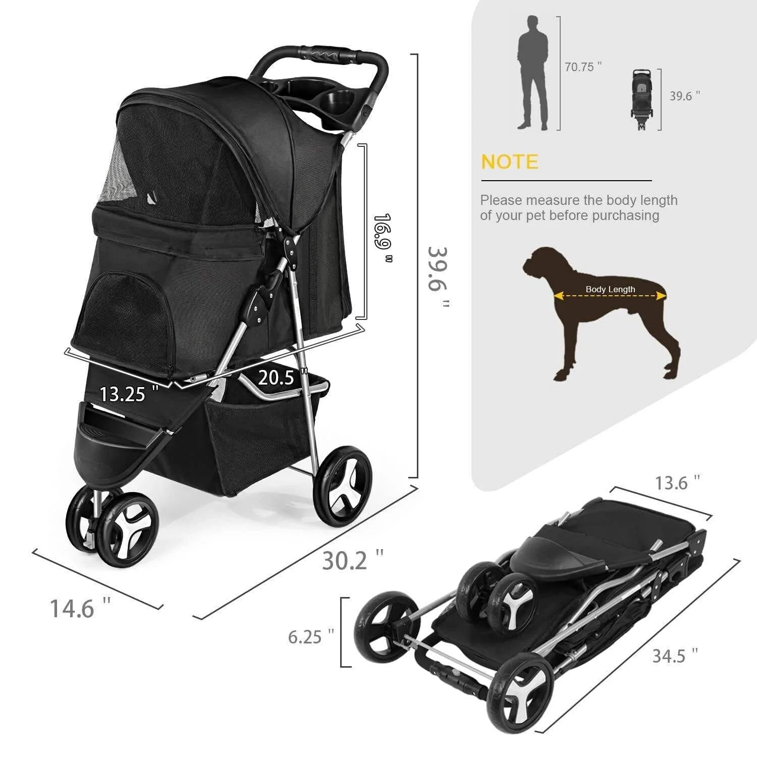 Waterproof Foldable 3-Wheel Pet Stroller with Removable Cage Carrier for Cats & Dogs