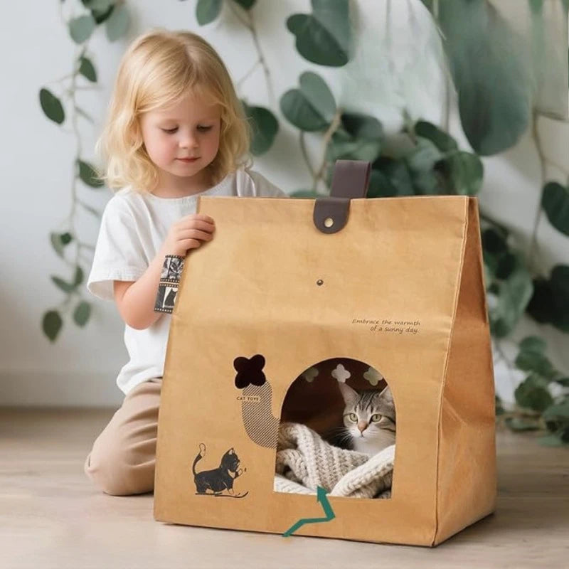 Foldable Kraft Paper Cat Bed House with Scratch Board