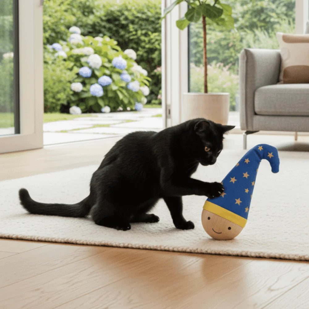 Self-Balancing Turkey Feather Cat Tumbler — Wood Base Interactive Toy