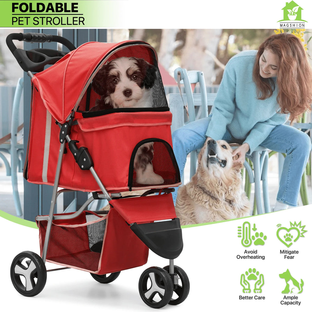 Magshion Foldable 3-Wheel Pet Jogger Stroller with Storage Basket & Cup Holder