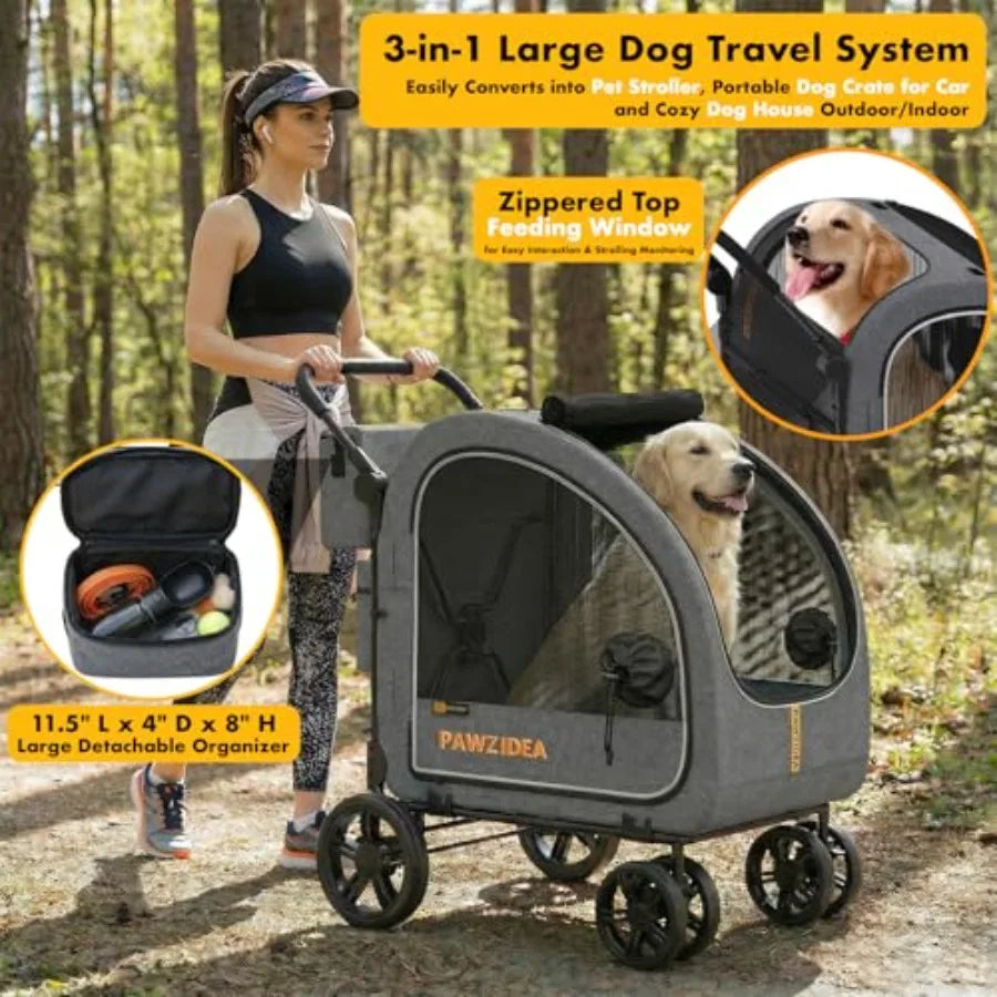 PAWZIDEA 3-in-1 Large Dog Stroller with Detachable Carrier for Dogs up to 80 lbs