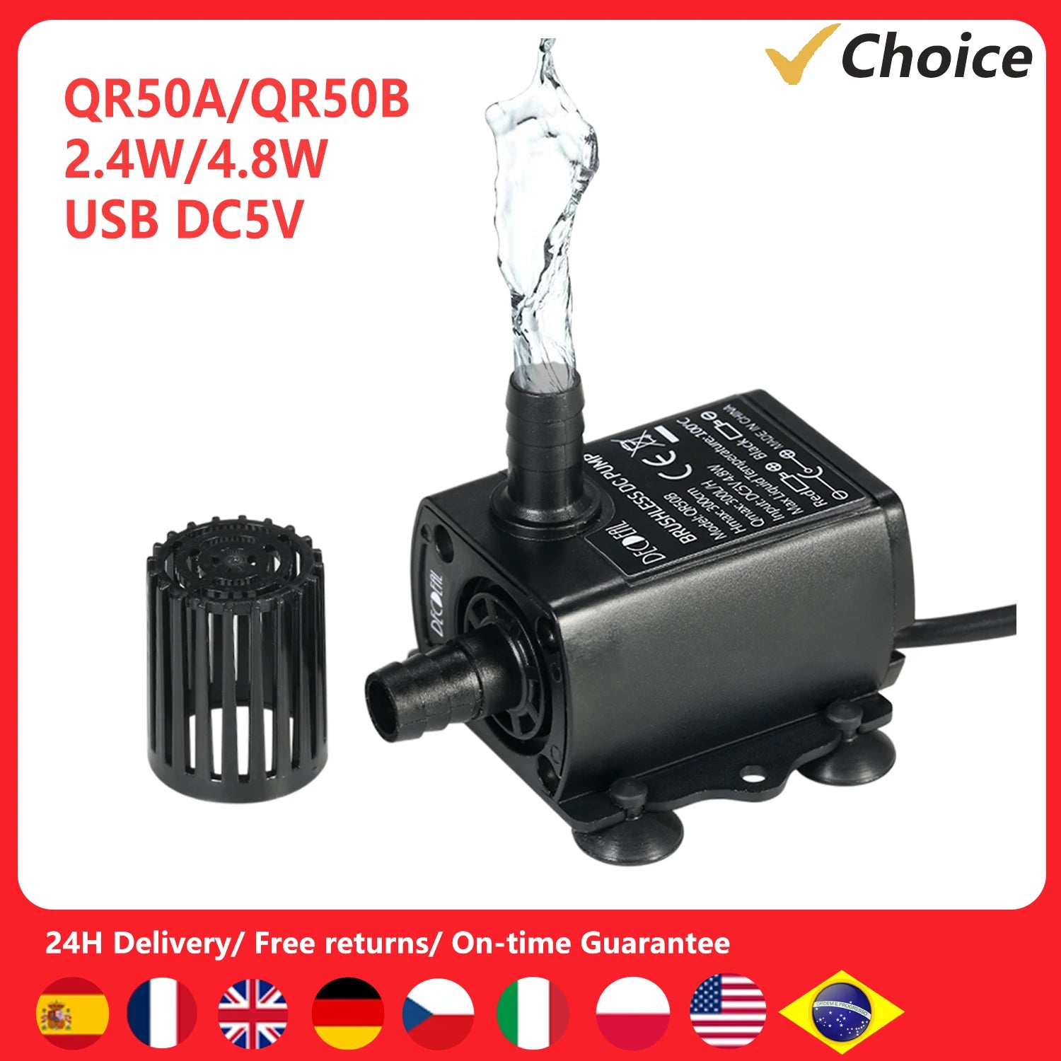USB Brushless Submersible Aquarium Pump (DC5V, 4.8W, 300L/H, Ultra-Quiet)