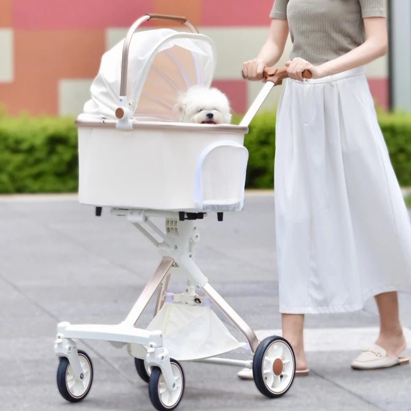 Foldable Waterproof PU High-Landscape Pet Stroller in Milk White — Up to 33 lbs for Dogs