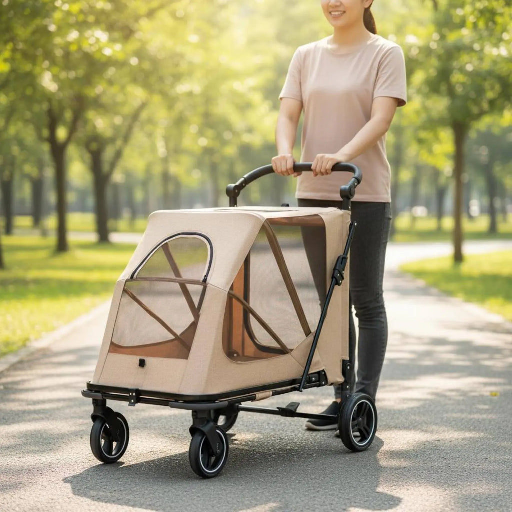 Foldable Large Dog Wagon Stroller with Breathable Mesh — Rolling Travel & Shopping Carrier