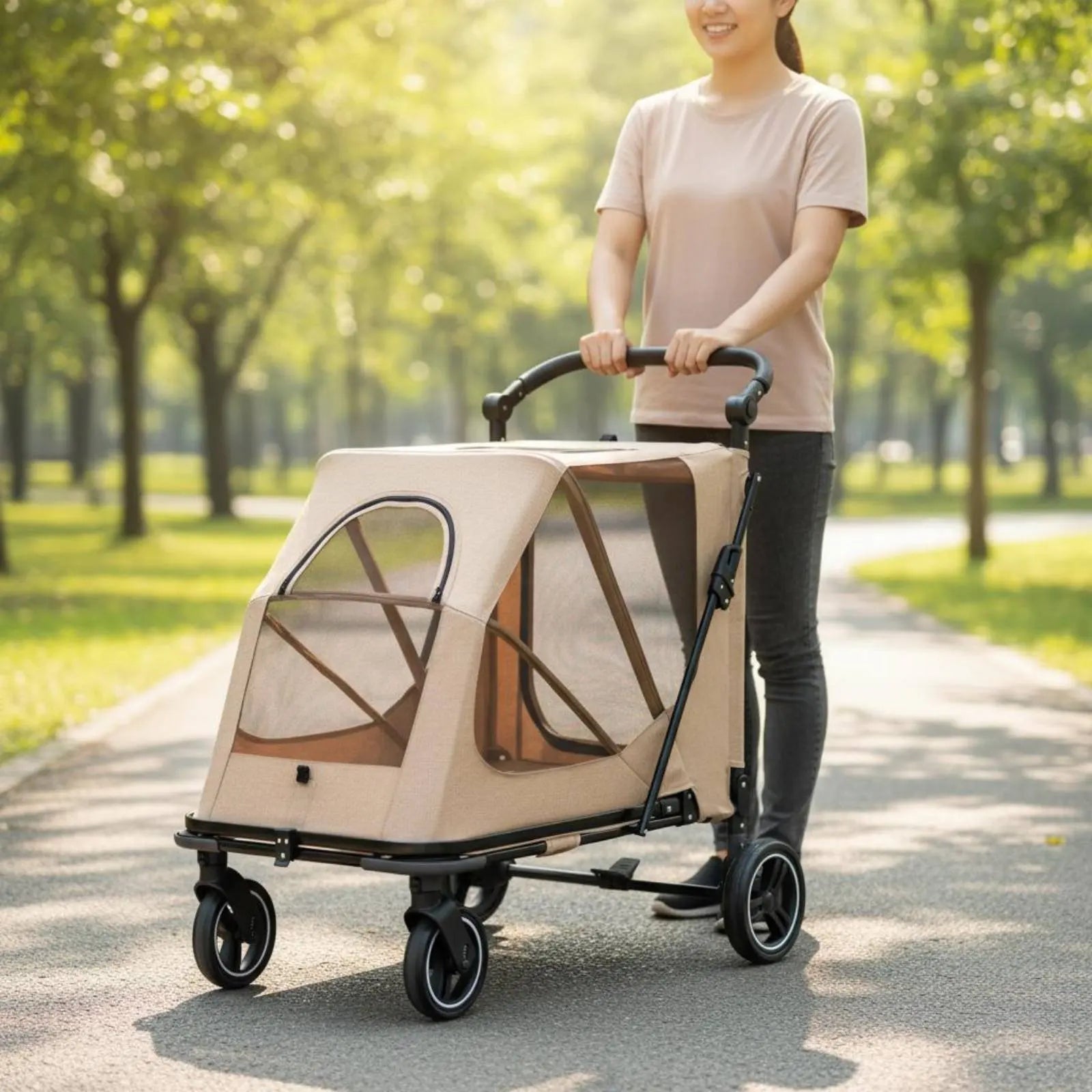 Foldable Large Dog Wagon Stroller with Breathable Mesh — Rolling Travel & Shopping Carrier