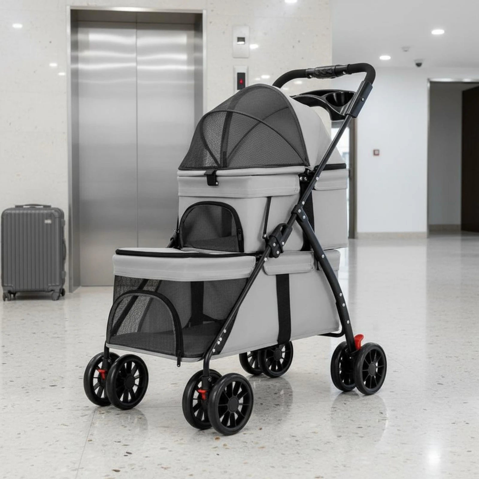 Double-Deck Pet Stroller with Lockable Wheels, Storage Pockets & Removable Liner