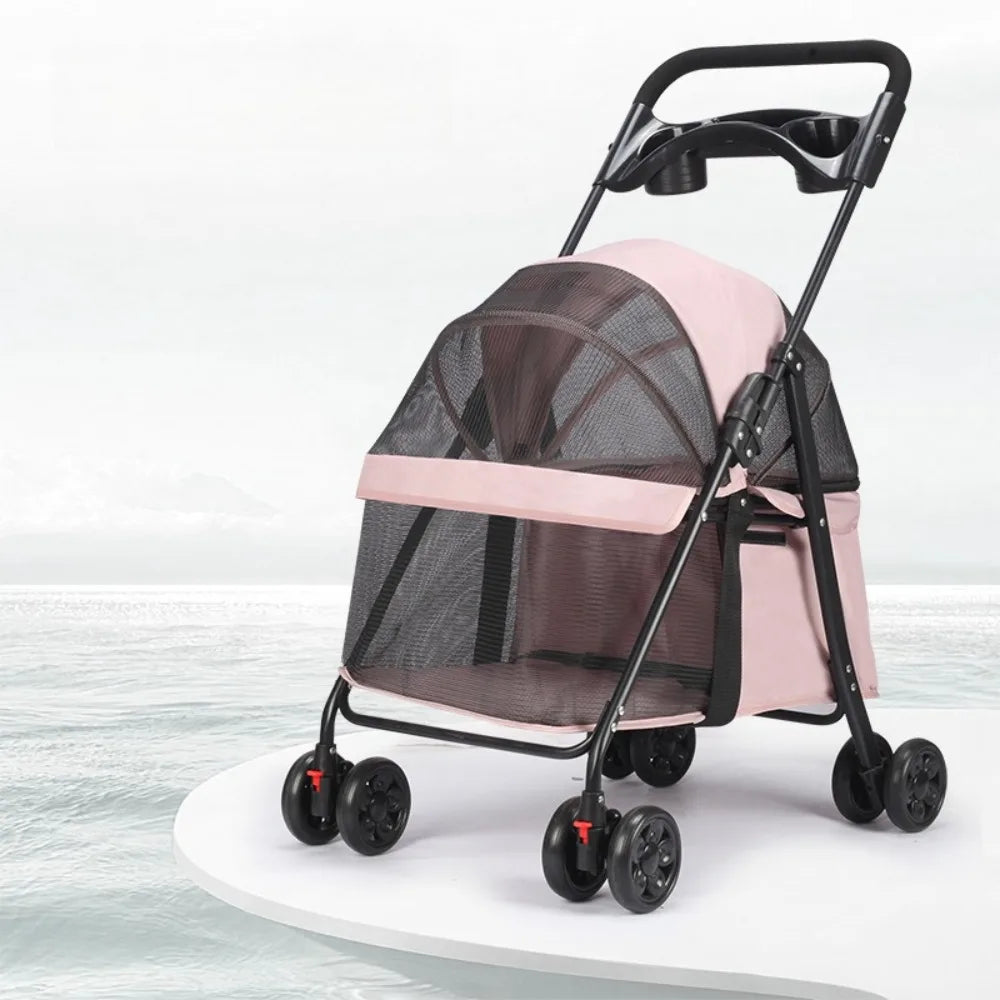 Foldable 4-Wheel Pet Pushchair Stroller with Mesh & Cup Holder for Dogs & Cats