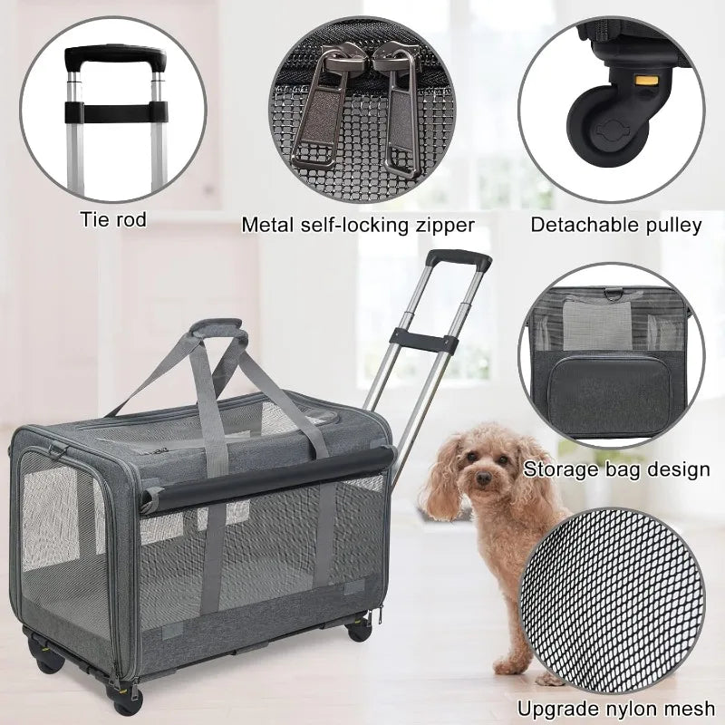 Large Rolling Pet Carrier with Wheels up to 30lbs (Breathable, Collapsible)