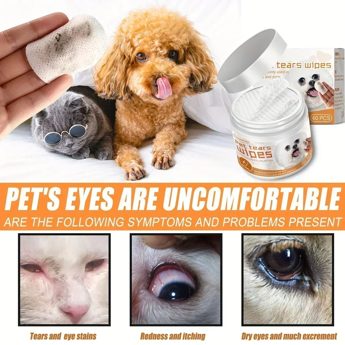 Disposable Pet Eye & Ear Wipes — Gentle Stain Remover, 60-Pack