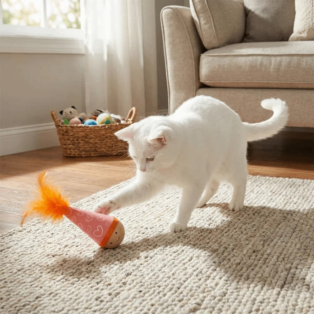 Turkey Feather Cat Tumbler Toy — Self-Righting Wood Base with Teeth-Cleaning Texture