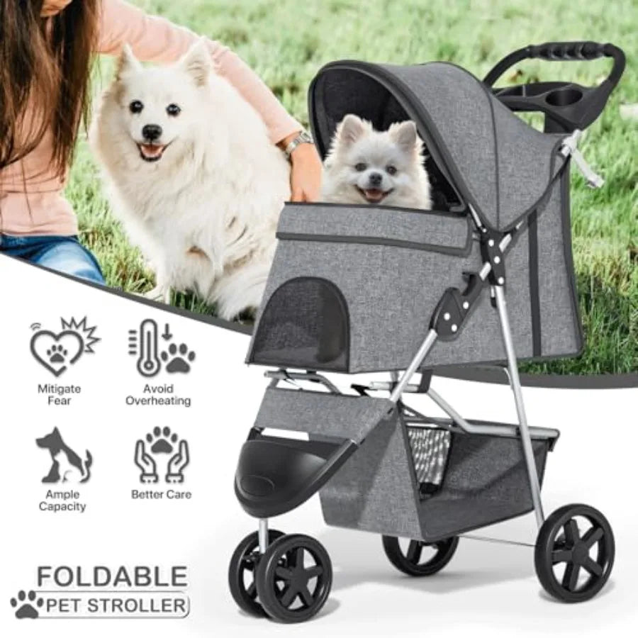3-Wheel Lightweight Foldable Jogger Pet Stroller with Storage Basket for Small & Medium Dogs & Cats