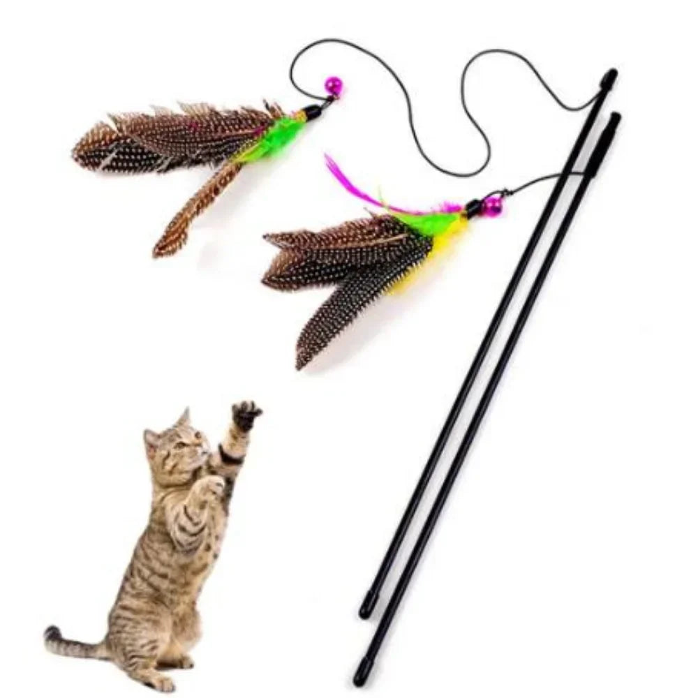 Feather Wand Cat Teaser Rod with Bell & Replacement Feathers — Interactive Kitten Toy Set
