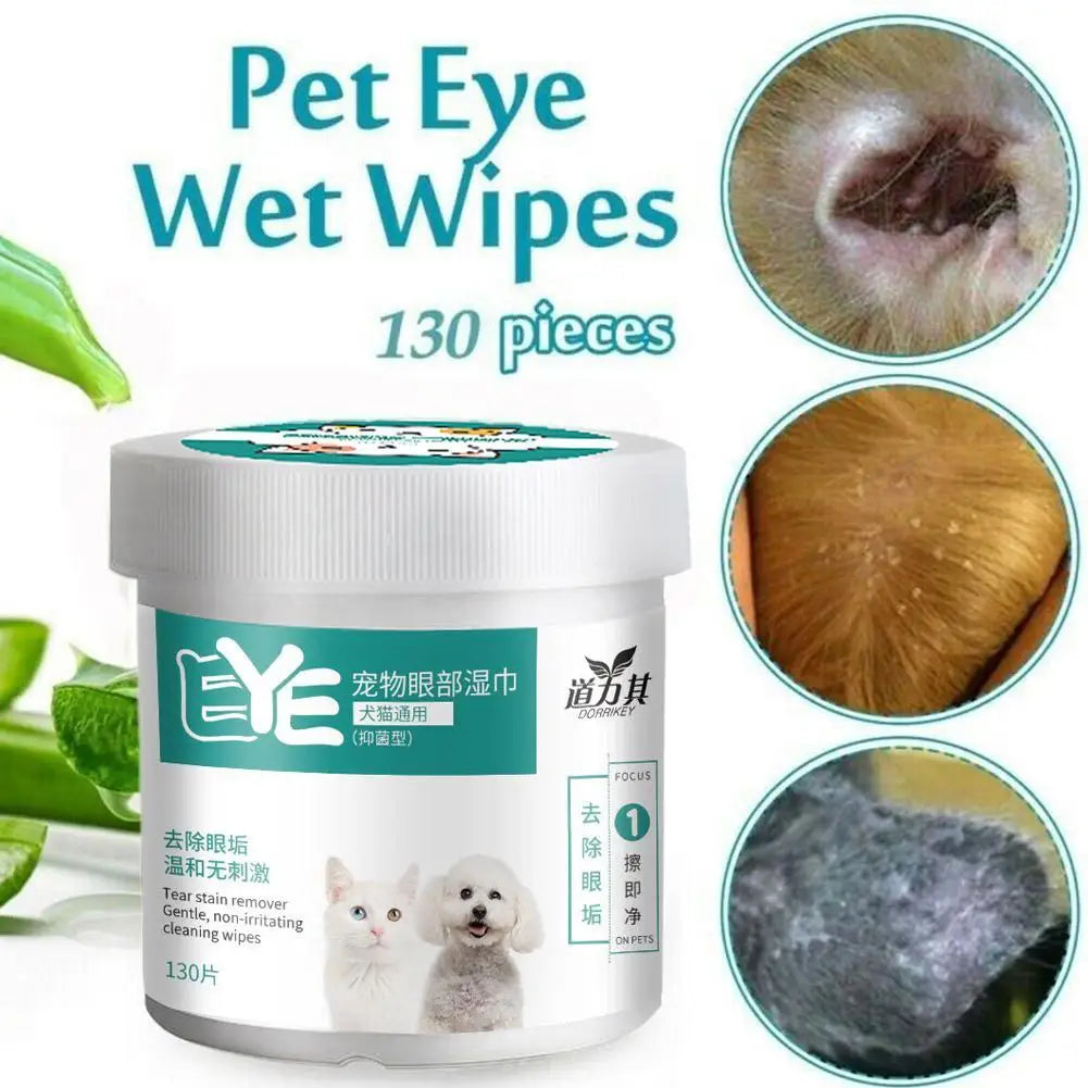 Aloe Vera Pet Eye Wipes — 130-Count Tear Stain Remover for Cats & Dogs