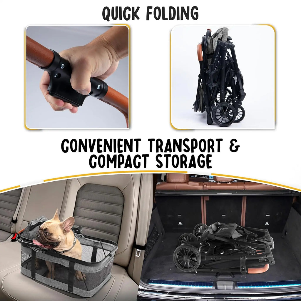 3-in-1 Compact-Fold All-Terrain Pet Stroller for Small Dogs & Cats in Gray