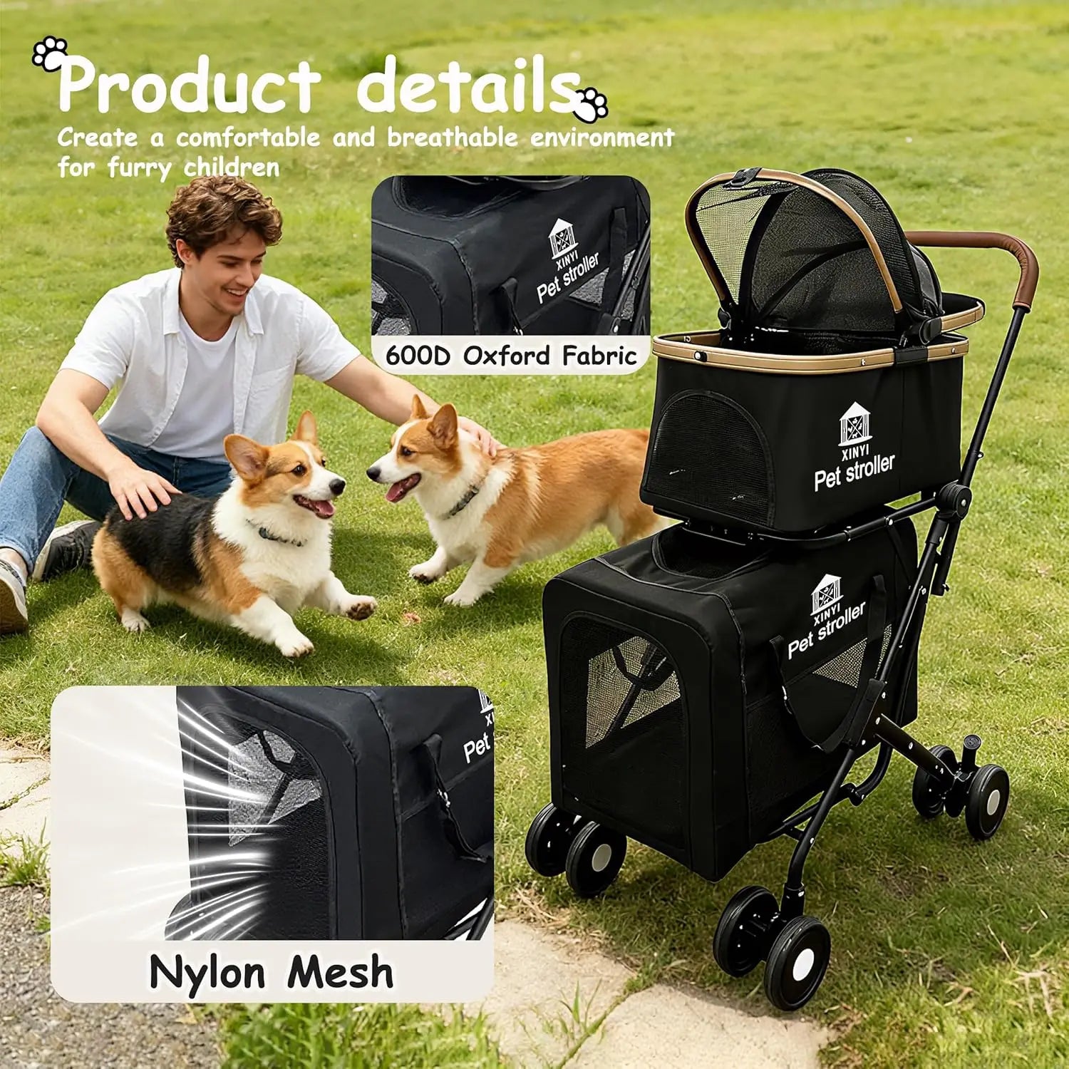 XL Double Outdoor Pet Running & Travel Stroller with Weather Cover — All-Weather Jogging Cart for Dogs & Cats