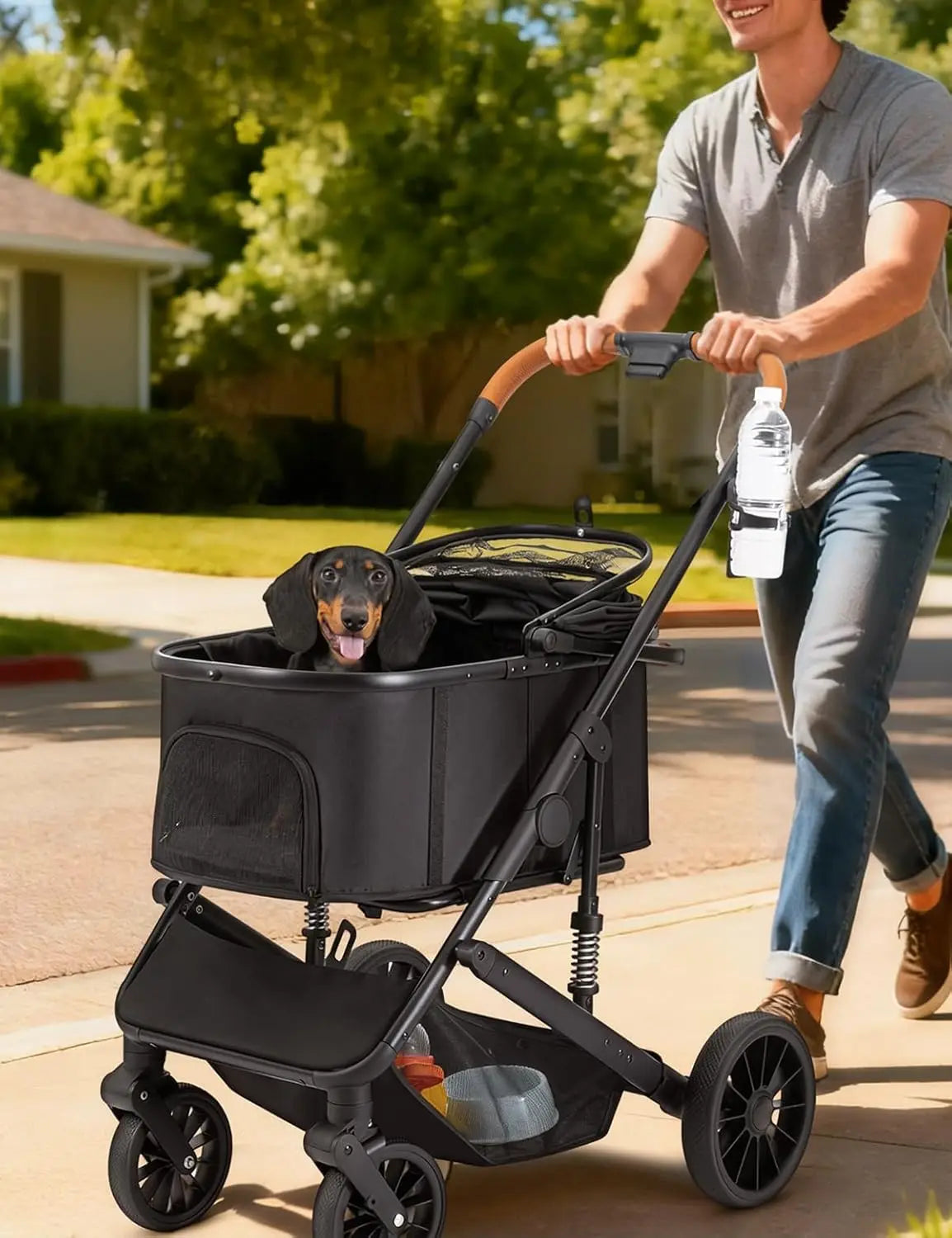 4-Wheel Foldable Pet Stroller with Detachable Carrier & Storage Basket — Max 60 lbs