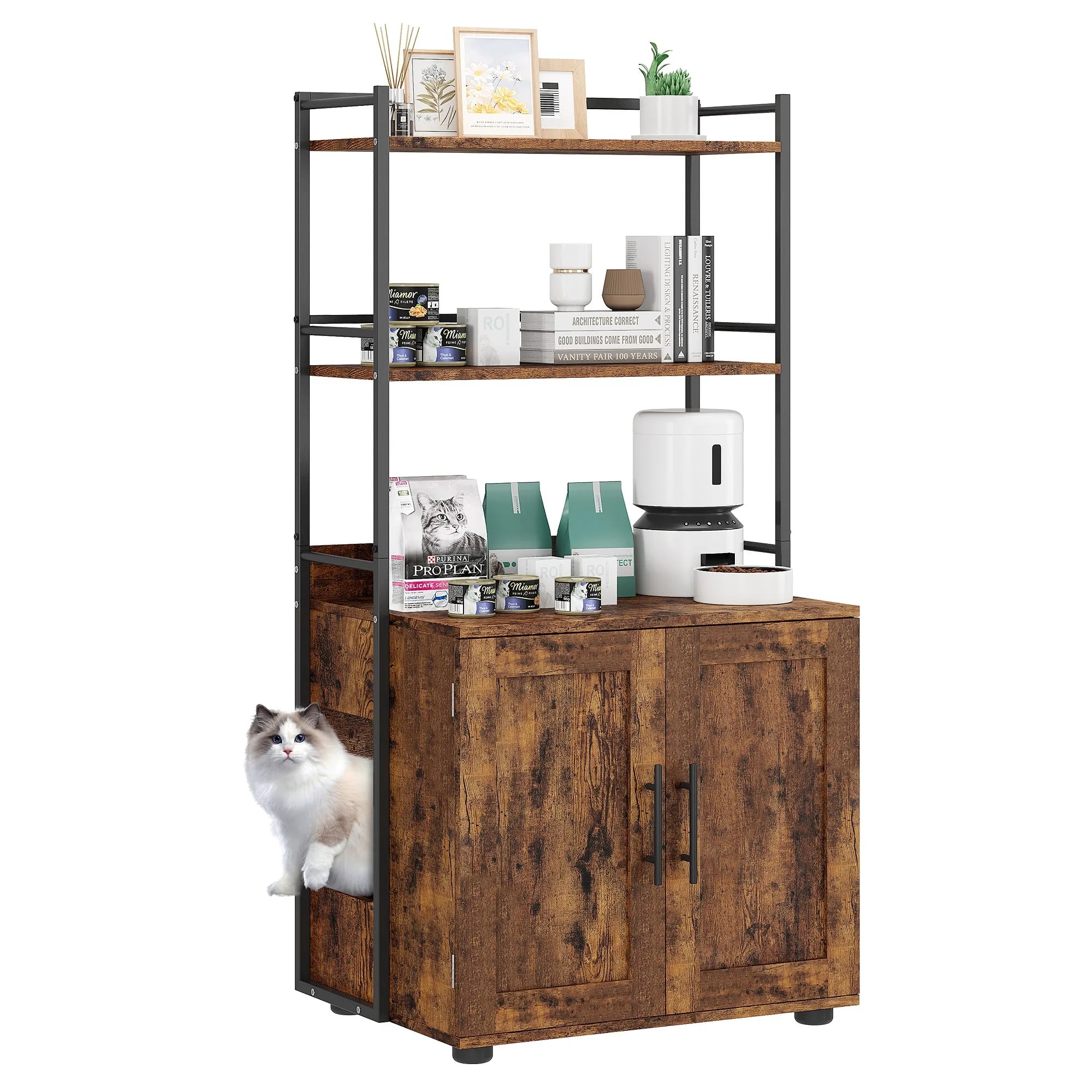 Cat Litter Box Enclosure with 2-Tier Storage Shelves