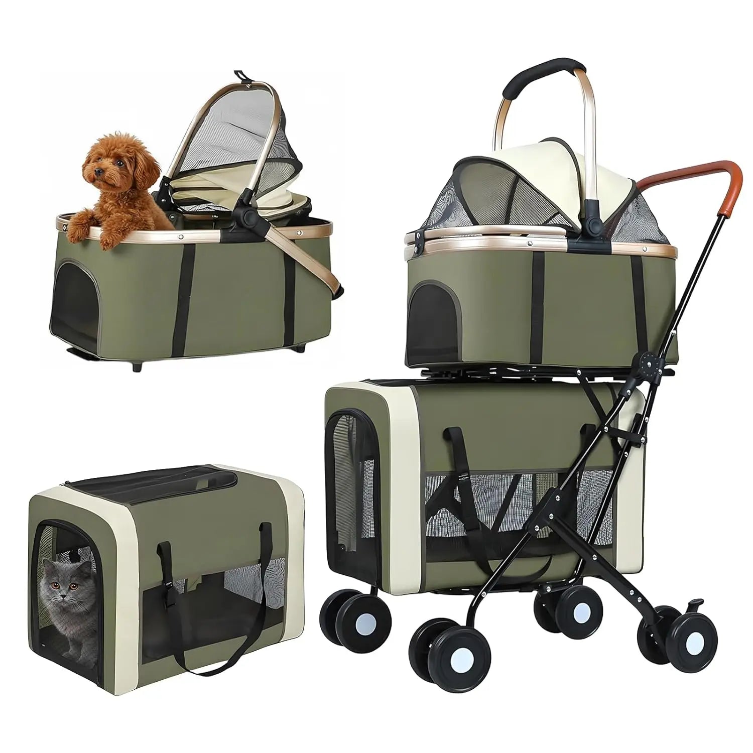 Double Pet Stroller for 2 Dogs & Cats — Foldable Travel Carriage with Detachable Carriers, Safety Belts & 4 Lockable Wheels