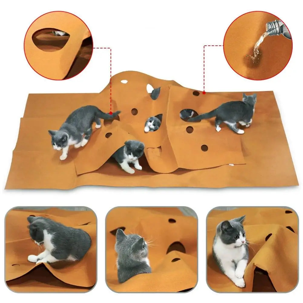 120x90cm Foldable Cat Play Mat & Tunnel Blanket — Agility Training Pad with Chew & Dig Surface