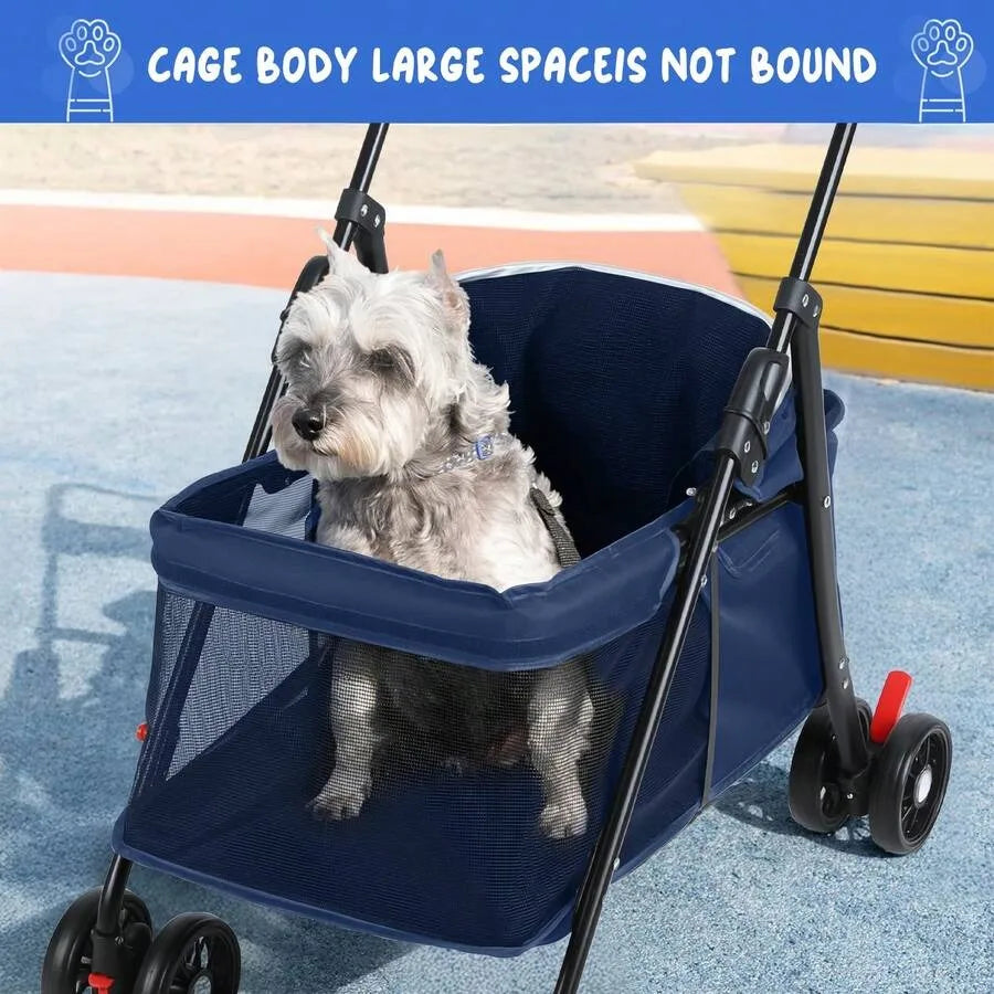 Blue Folding Pet Stroller with Cup Holder & Breathable Visible Mesh for Small Dogs & Cats