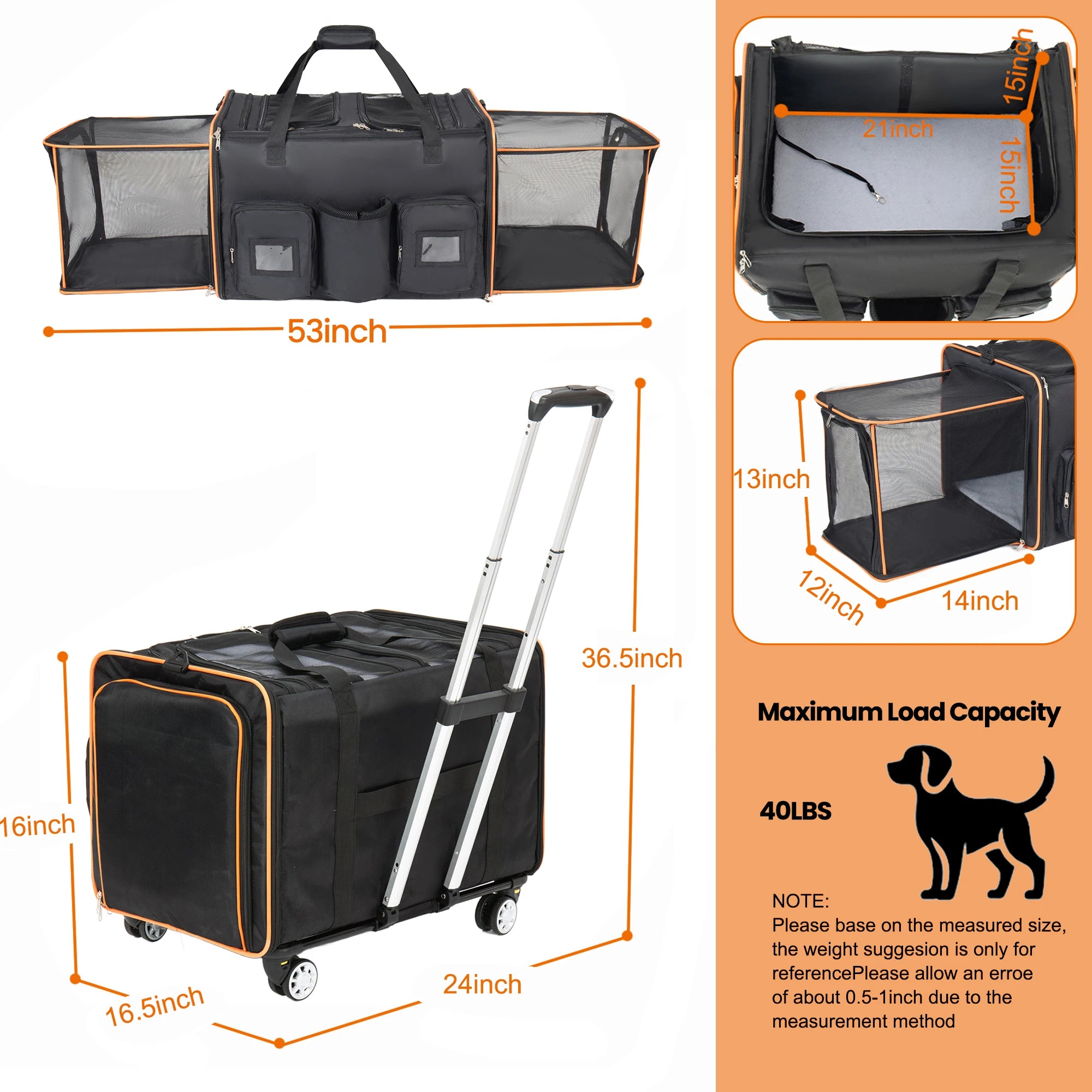 Expandable Foldable Double Rolling Pet Carrier for 2 Cats with Removable Divider