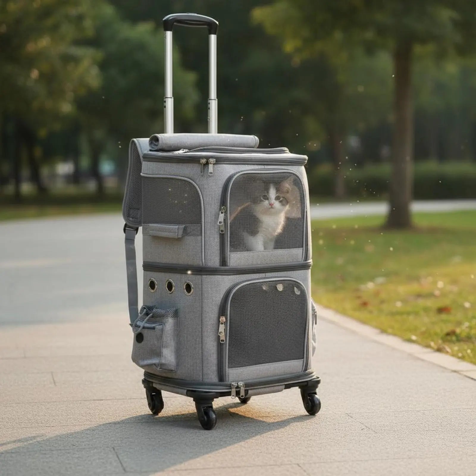 Double-Deck Pet Trolley Bag with Telescopic Handle & Side Pockets