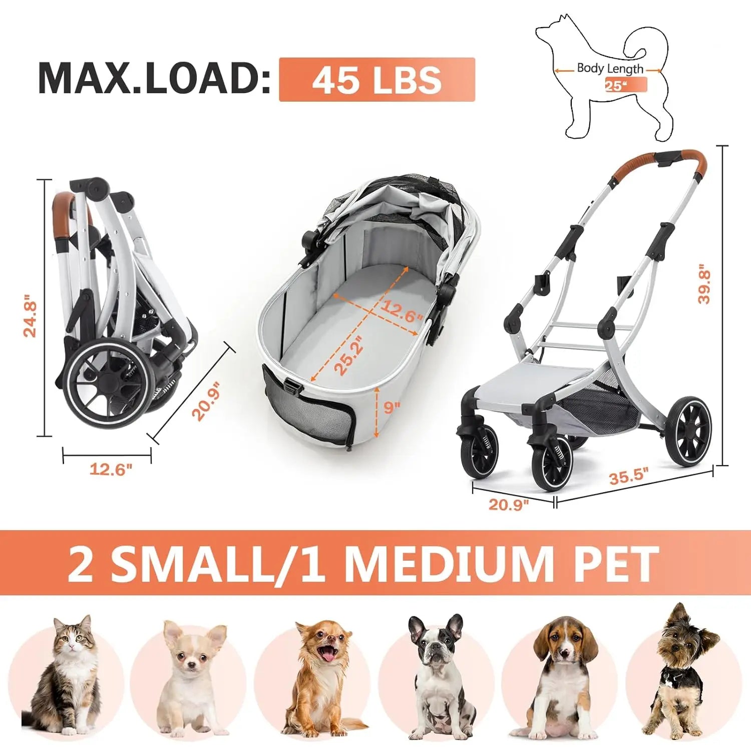 3-in-1 Foldable Pet Stroller with Detachable Carrier, Storage Basket & Pet Pad — Safe Outdoor Cart