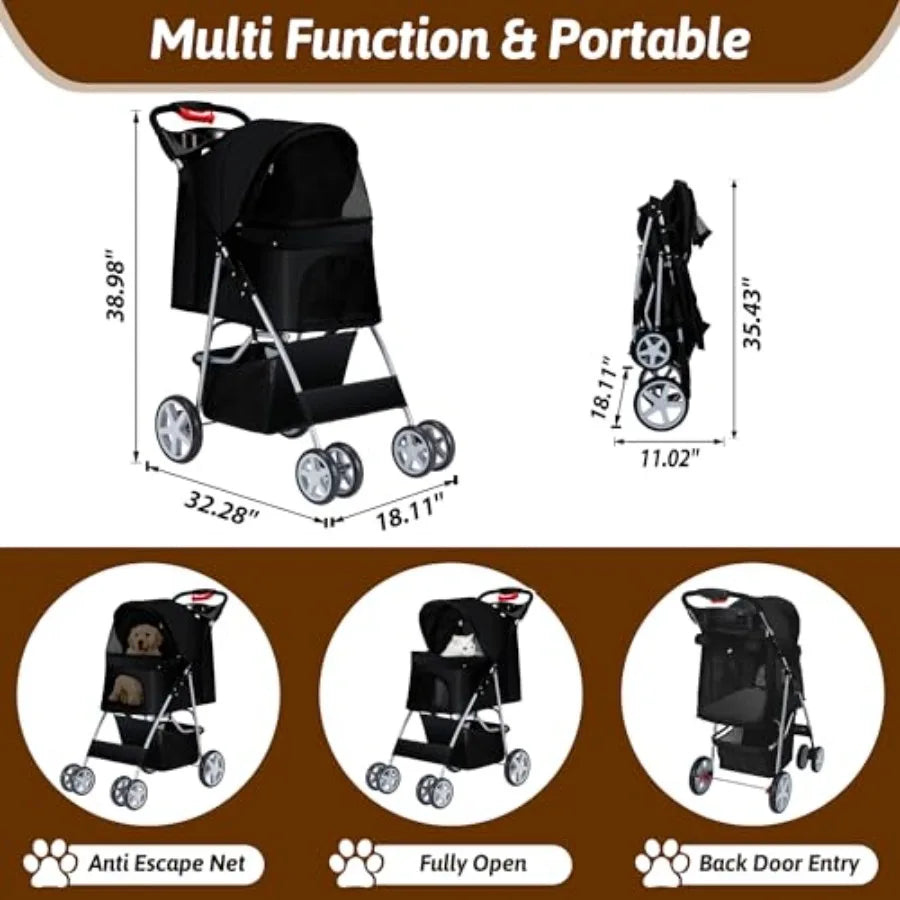 4-Wheel Foldable Pet Stroller with Cup Holder & Storage for Small & Medium Dogs & Cats — Jogger Travel Cart