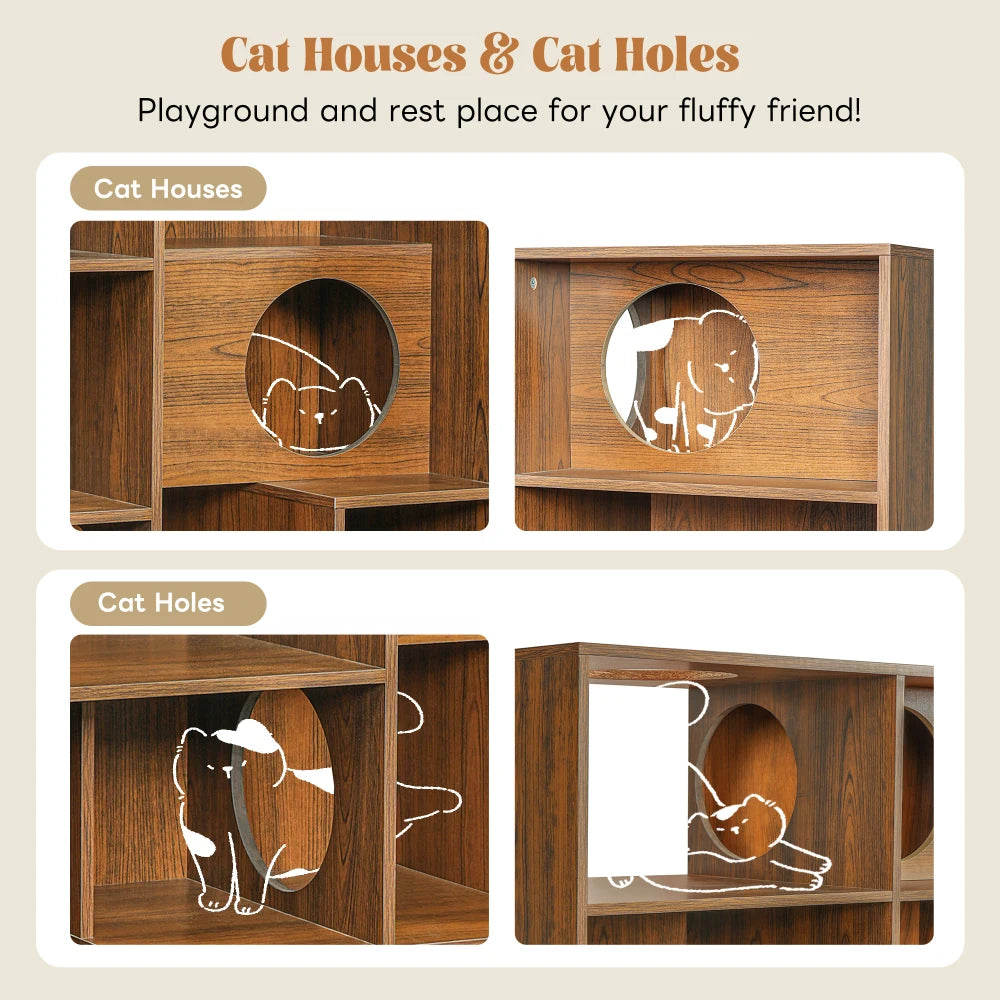 2-in-1 Wood Cat House Bookshelf with Litter Box Enclosure