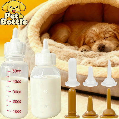 Pet Milk Feeding Bottle Set — 3 Replaceable Nipples for Puppies & Kittens