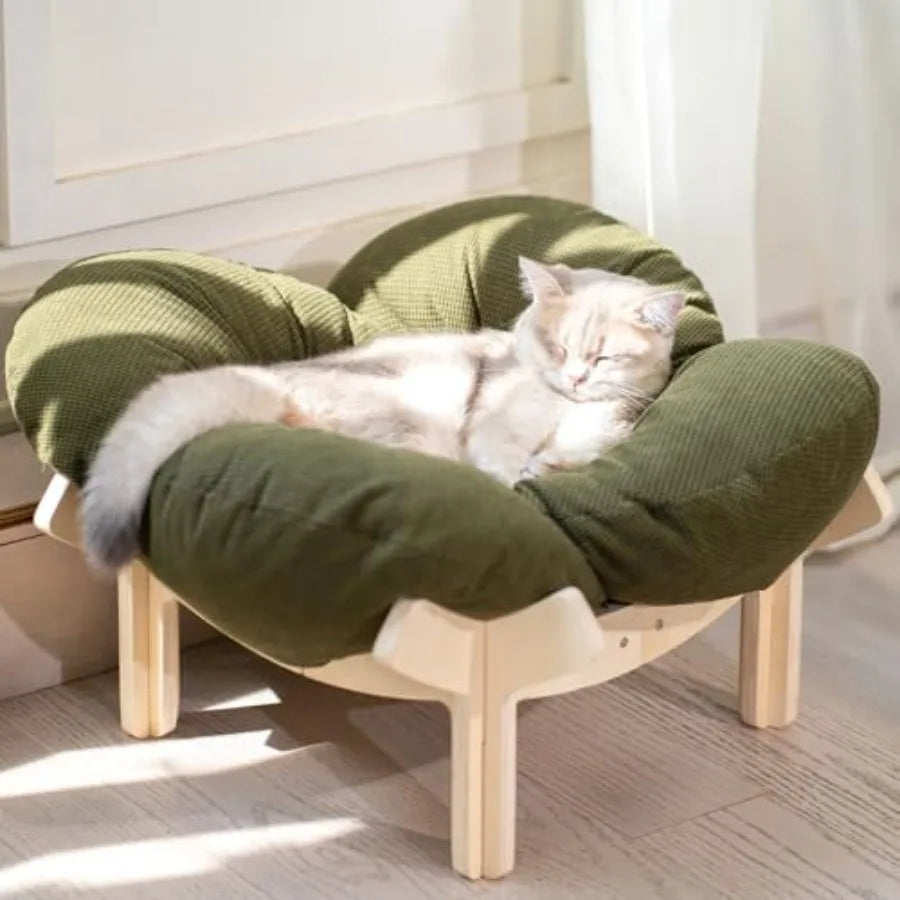 Elevated Wooden Cat Bed with Cushion for Cats & Small Dogs