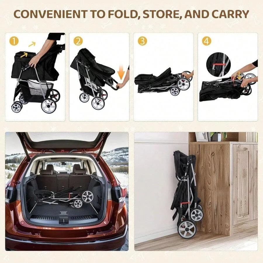 ZENY Foldable 4-Wheel Pet Stroller for Dogs & Cats with Storage Basket & Cup Holder