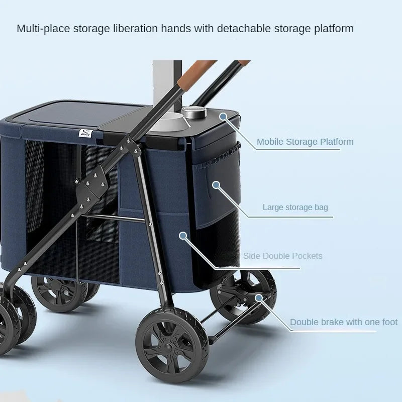 Multifunctional Large-Space Pet Stroller Trolley Case with Wheels for Multiple Pets — Up to 66 lbs