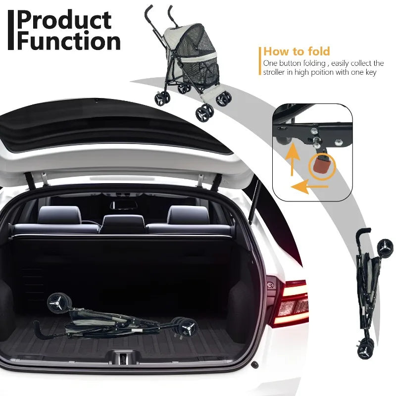 4-Wheel Foldable Pet Stroller for Teacup Poodles, Cats & Small Dogs — Lightweight Outdoor Travel Cart