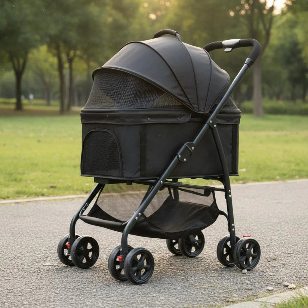Foldable Pet Transport Stroller with Full-Rotation Wheels & Detachable Carrier — Lightweight Dog & Cat Carriage with Storage