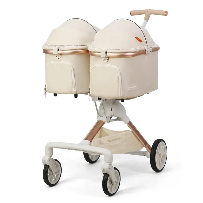 Luxury 4-Wheel Dual Cat Stroller for 2 Cats with Detachable Carrier Bag