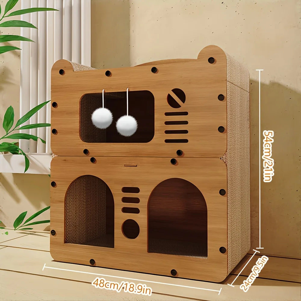 Wooden Cat Scratcher House with Cardboard Lounge Bed