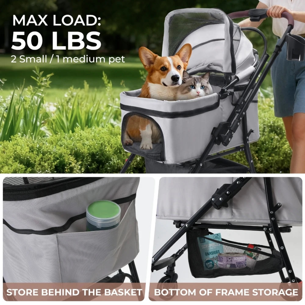 4-Wheel Pet Stroller with 360-Degree Rotating Wheels & Separable Carrier for Dogs & Cats