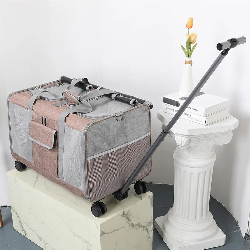Dual Compartment Multifunctional Pet Stroller with Folding Rolling Cart for Outdoor Travel