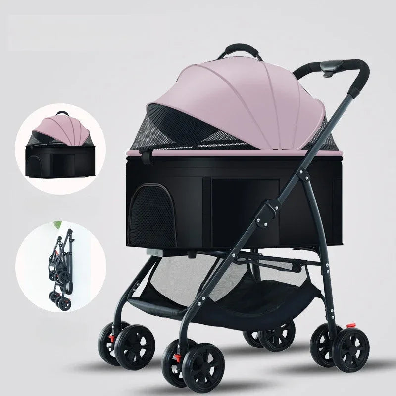 Portable Lightweight Foldable Pet Stroller with Detachable Cat Basket