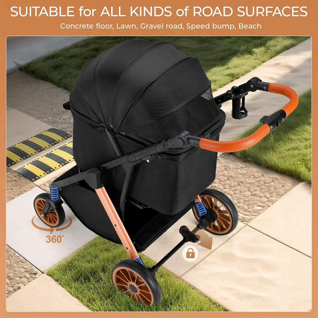 All-Terrain Pet Stroller with Aluminum & Carbon Steel Frame, Shock Absorbers, Sun Shades & Adjustable Handle